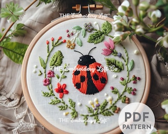 Handborduurpatroon lieveheersbeestje, patroon lieveheersbeestje, borduurwerk lieveheersbeestje, bloemen lieveheersbeestje, borduurwerk kleine insecten, handborduurpatroon pdf
