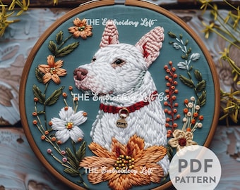 Padrão de bordado à mão para Bull Terrier, Bull Terrier, bordado para cães, bordado para animais de estimação, cachorro fofo, padrão de bordado à mão em PDF, habilidade avançada