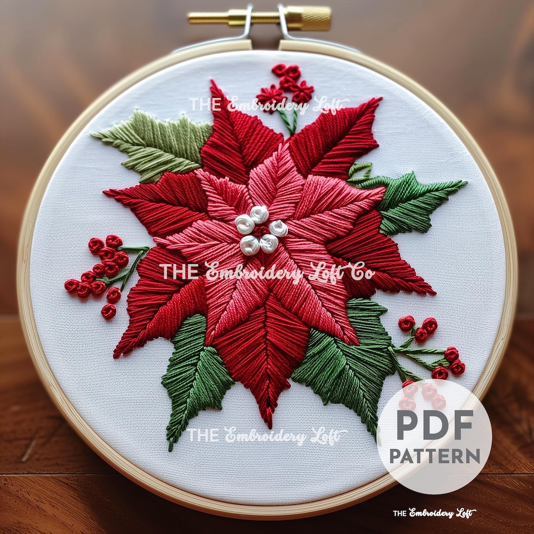 Xmasデザイン♡  手刺繍ブローチ  ポインセチア ポインセチアの手刺繍パターン、初心者向けクリスマス刺繍、クリスマス