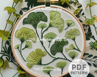 Ginkgo Blätter Handstickerei Muster, Ginkgobaum Muster, Ginkgo Biloba Blatt Muster, Japanisches Ginkgo Design, Handstickerei Muster PDF