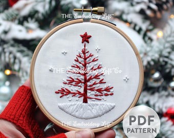 Red and White Christmas Tree Hand Embroidery Pattern, Christmas Embroidery Pattern, DIY Christmas Tree Ornament, Hand Embroidery Pattern PDF