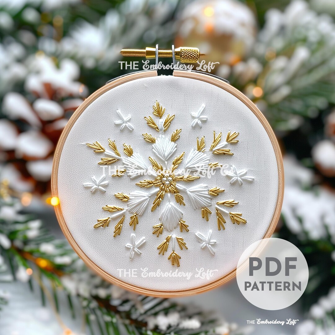 Gold and White Snowflake Hand Embroidery Pattern, Christmas Embroidery ...