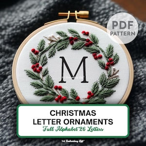 Adorno navideño con bordado inicial personalizado, paquete completo de alfabeto, regalo de bordado con monograma, patrón de bordado a mano en PDF, para principiantes