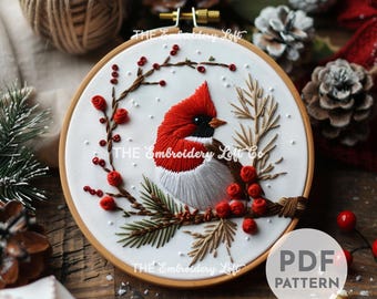 Handbroderimönster för röd kardinal, present till fågelälskare, mönster för röd kardinal, julbroderimönster, handbroderimönster PDF