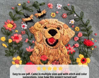 ゴールデンレトリバーの手刺繍パターン、犬の刺繍、ペットの刺繍