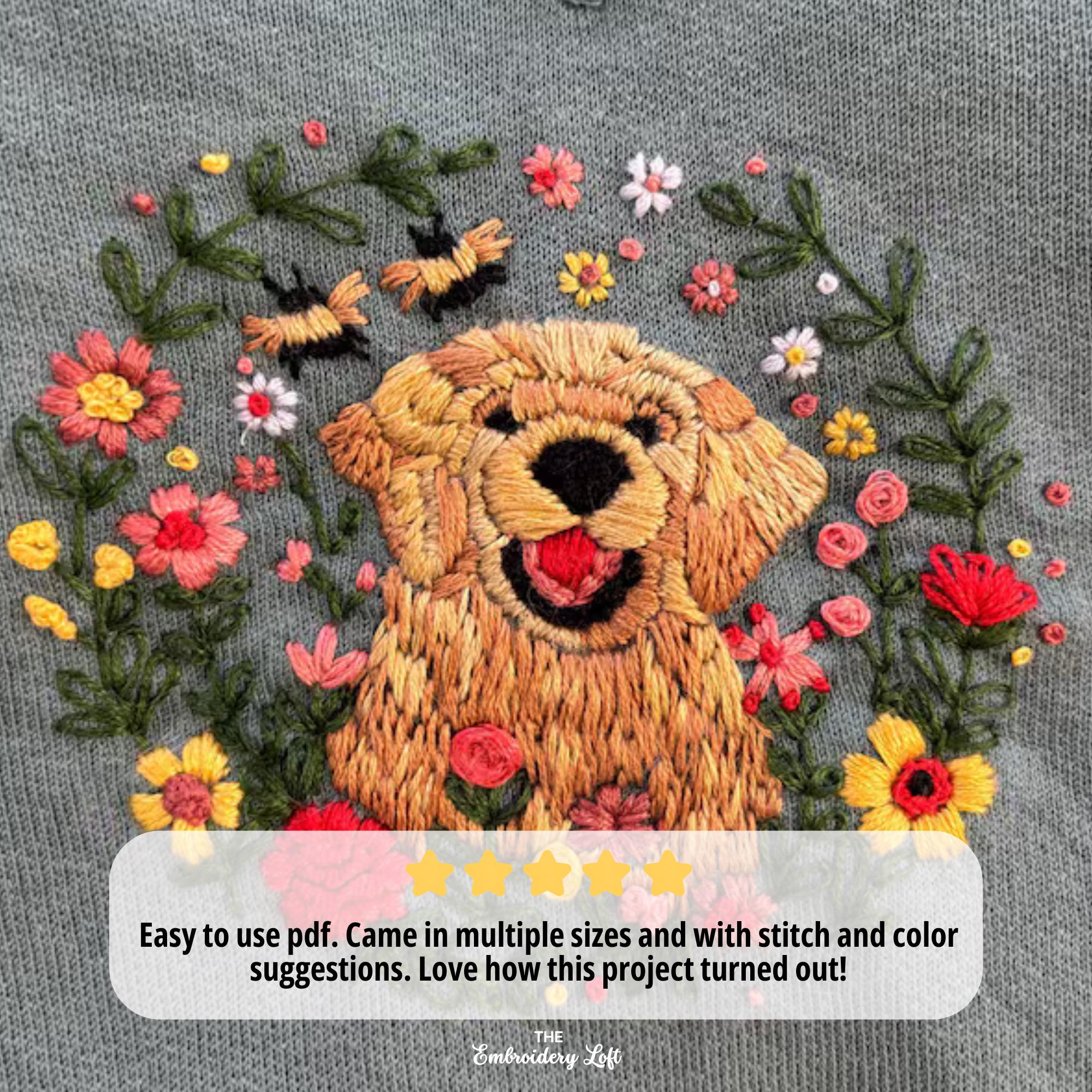 ゴールデンレトリバーの手刺繍パターン、犬の刺繍、ペットの刺繍