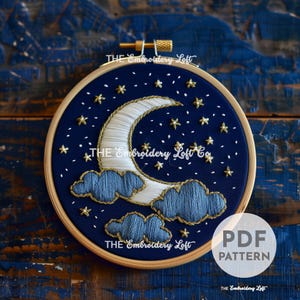 Baby Moon Hand Embroidery Pattern, Mystical Crescent Moon Pattern, Floral Moon, Cloud Pattern, Hand Embroidery Pattern PDF, Beginner