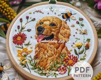 Golden Retriever Hand Embroidery Pattern, Golden Retriever Dog, Pet Embroidery, Cute Dog, Hand Embroidery Pattern PDF, Advanced Skill