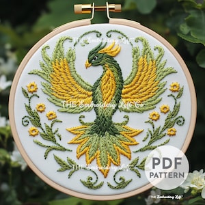 Green Phoenix Hand Embroidery Pattern, Phoenix Embroidery Pattern, Phoenix Embroidery Design, Gift for Book Lover, Hand Embroidery Pattern