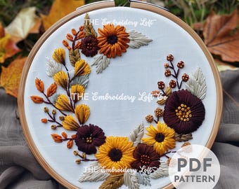 秋の花とハーブの刺繍パターン5インチ、植物デザイン、秋の野花の草原