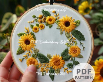 Sunflower Wreath Hand Embroidery Pattern, Sunflower Pattern, Sunflower Design, Floral Wreath Pattern, Hand Embroidery Pattern PDF