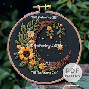 Forest Moon Hand Embroidery Pattern, Wiccan Moon, Mystical Crescent Moon Pattern, Floral Moon, Hand Embroidery Pattern PDF, Beginner