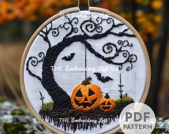 Patrón de bordado a mano de árbol espeluznante, calabazas de Halloween, bordado espeluznante, bordado embrujado, patrón de bordado a mano en PDF, bricolaje