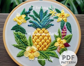 パイナップルの手刺繍パターン、トロピカル刺繍、パイナップルパターン、フルーツ刺繍、手刺繍、手刺繍 PDF、初心者