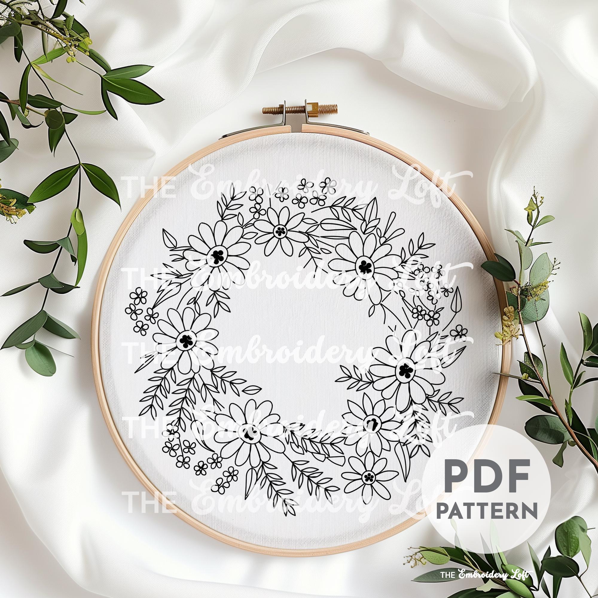 Daisy and Purple Floral Wreath Hand Embroidery Pattern, Flower Design ...