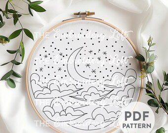 月の夜の手刺繍パターン、神秘的な三日月パターン、花柄の月、雲の