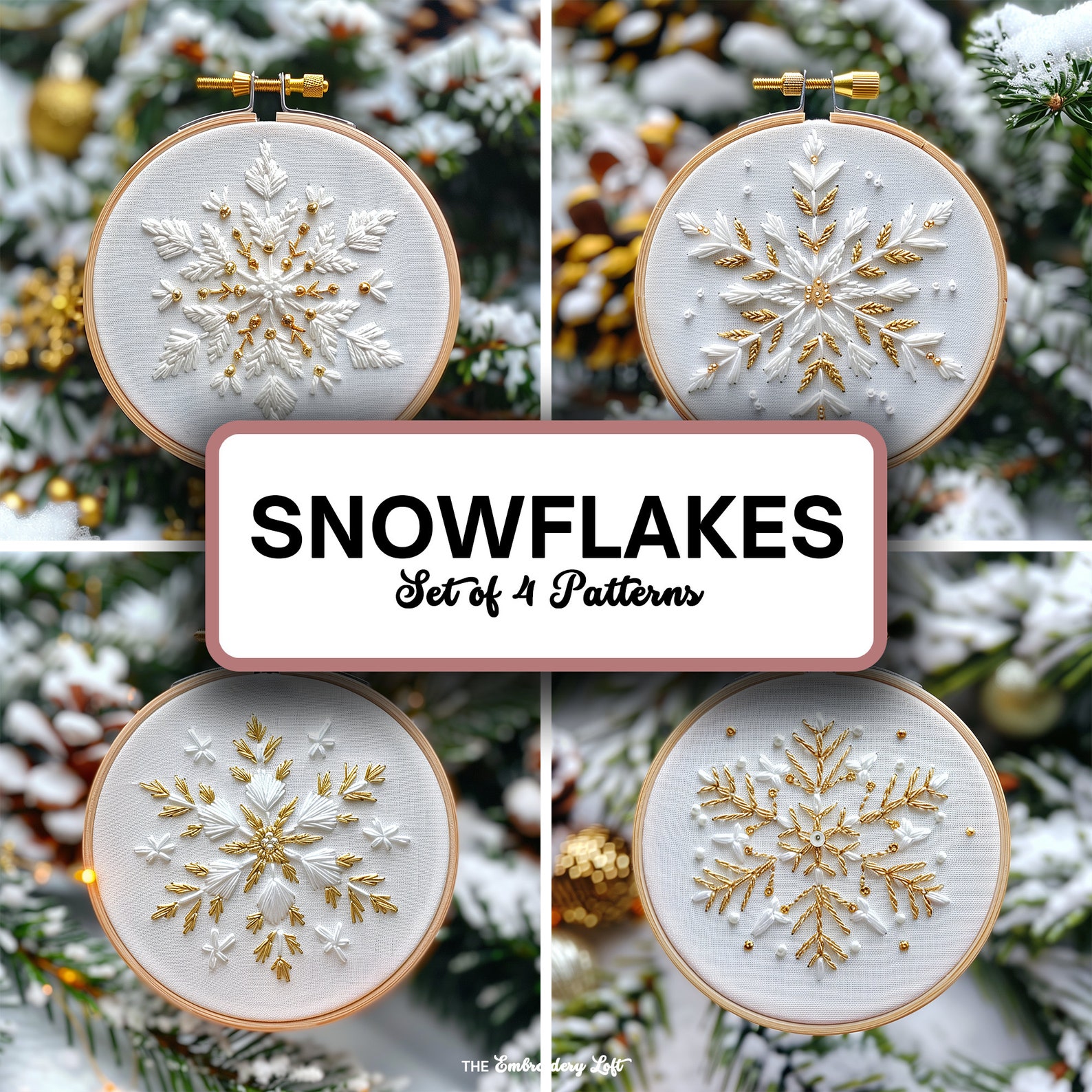 Set of 4 Gold and White Snowflake Hand Embroidery Patterns, Christmas ...