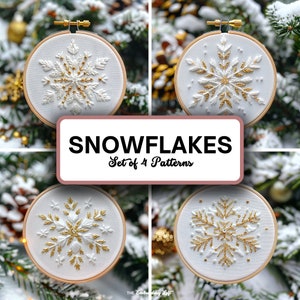 Set of 4 Gold and White Snowflake Hand Embroidery Patterns, Christmas Embroidery Pattern, Snowflake Design, Hand Embroidery Pattern PDF