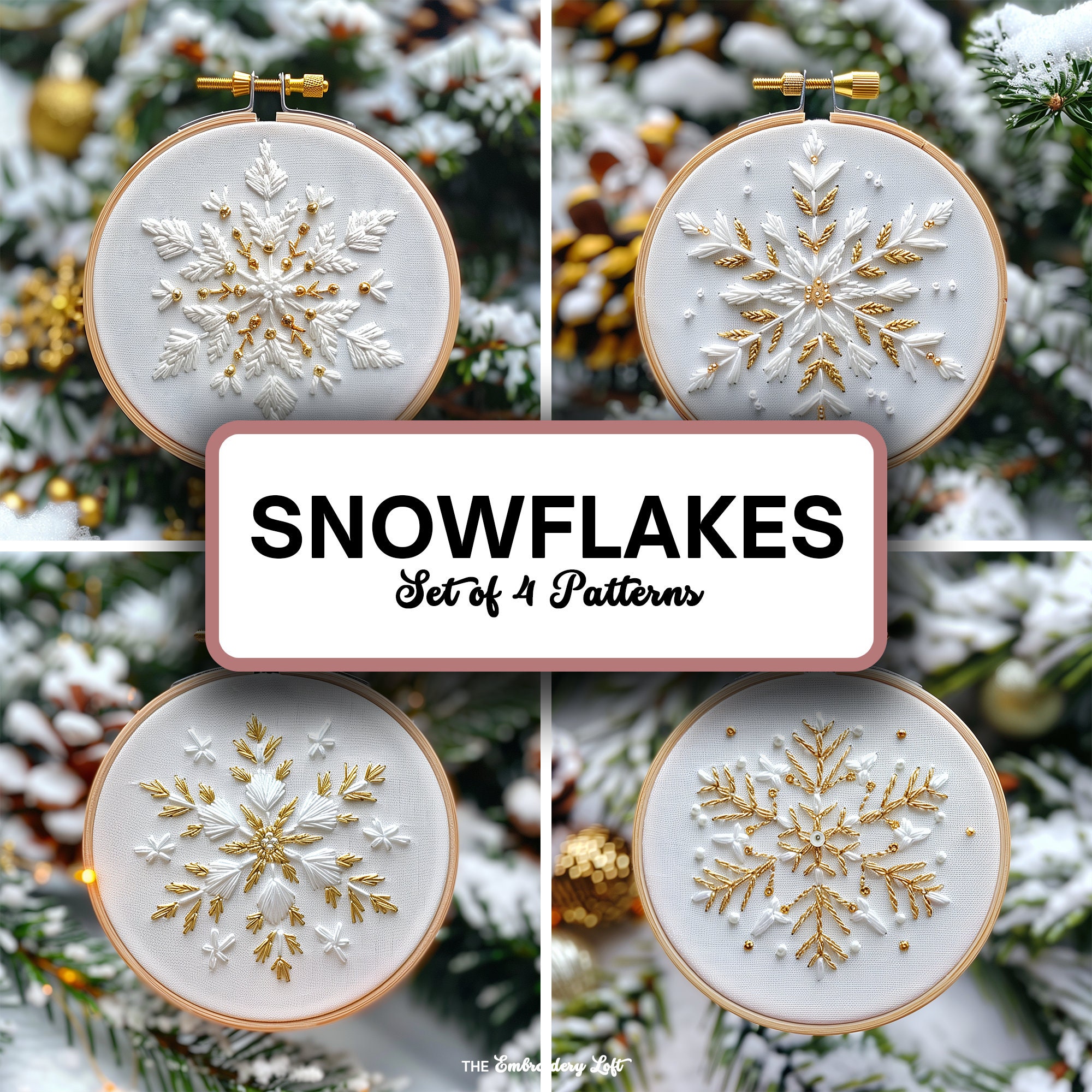 Set of 4 Gold and White Snowflake Hand Embroidery Patterns, Christmas ...