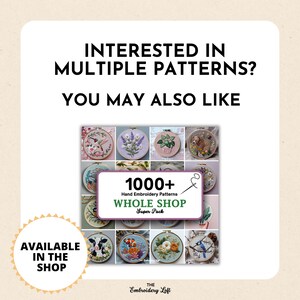 May include: A collage of 16 small embroidery patterns, featuring a variety of designs, including flowers, animals, and nature scenes. The text "1000+ Hand Embroidery Patterns Whole Shop Super Pack" is displayed in the center of the collage.