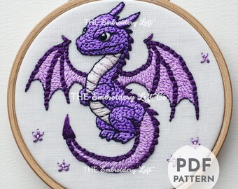 Purple Baby Dragon Hand Embroidery Pattern, Dragon Embroidery Pattern, Mythical Embroidery, Gift for Book Lover, Hand Embroidery Pattern PDF