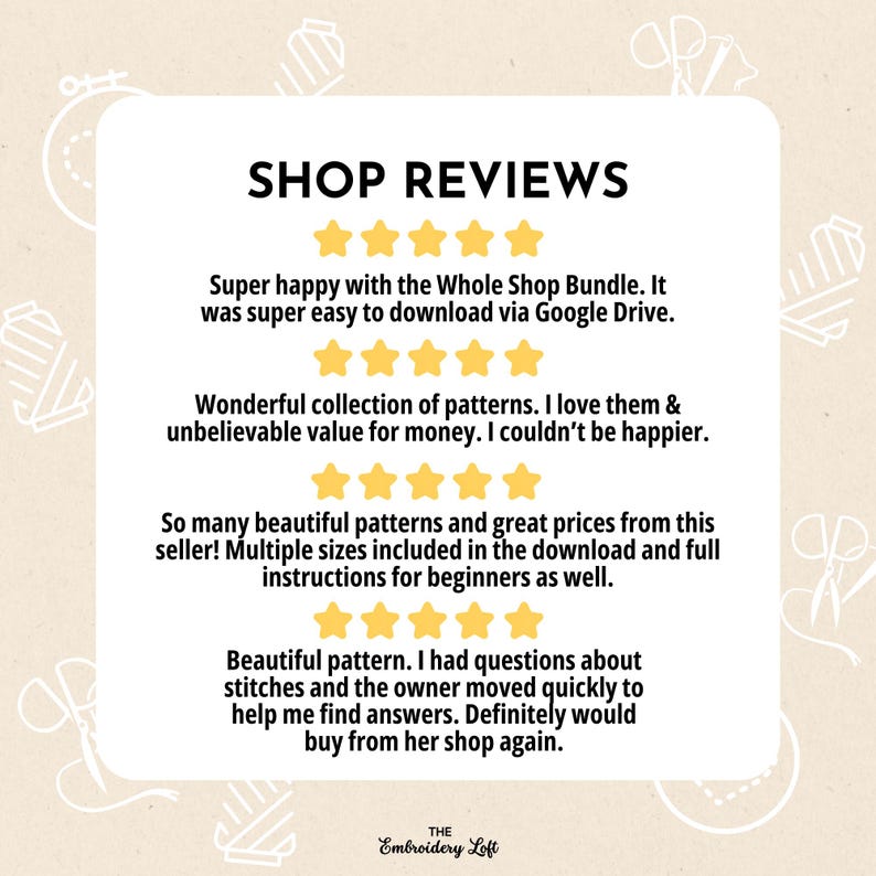 May include: A screenshot of positive customer reviews for an embroidery pattern shop. The reviews highlight the ease of downloading patterns, the quality of the patterns, and the helpfulness of the shop owner.