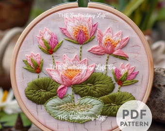 睡蓮の手刺繍パターン、睡蓮の葉のパターン、睡蓮の刺繍、ピンクの蓮の