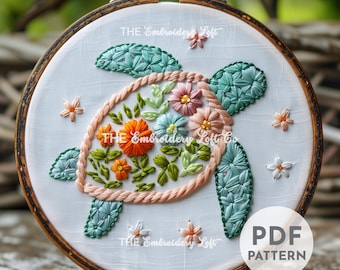 Floral Turtle Hand Embroidery Pattern, Sea Turtle Pattern, Ocean Pattern, Hand Embroidery Pattern PDF, Ocean Wildlife Embroidery
