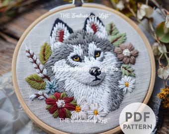 ハスキーの手刺繍パターン、シベリアンハスキー犬、犬の刺繍、ペットの