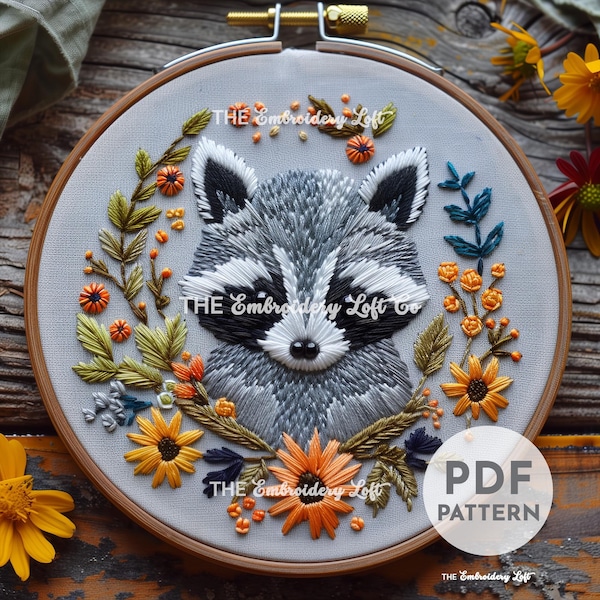 Baby Racoon Hand Embroidery Pattern, Nursery Embroidery, Racoon Embroidery Pattern, Hand Embroidery Pattern PDF, Woodland Embroidery