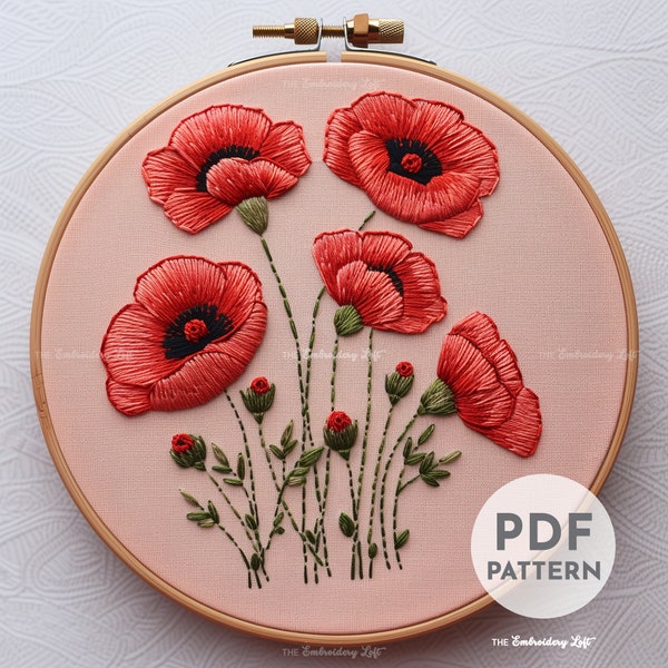 Red Poppies Hand Embroidery Pattern, Poppy Flower Pattern, Poppies Embroidery, Red Poppies, Floral Hand Embroidery, Hand Embroidery PDF, DIY