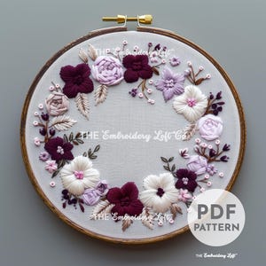 Purple Wreath Hand Embroidery Pattern, Rose Embroidery, Flower Design, Flower Pattern, Floral Wreath Pattern, Hand Embroidery Pattern PDF
