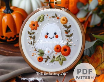 Handborduurpatroon bloemen spook, schattig spookontwerp, heks borduurpatroon, Halloween-patroon, handborduurpatroon pdf, beginner