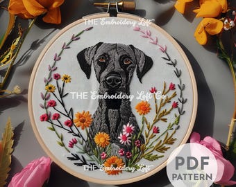 Patrón de bordado a mano de gran danés, gran danés, bordado de perro, bordado de mascota, perro lindo, patrón de bordado a mano en PDF, habilidad avanzada