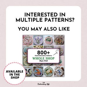 Pode incluir: Uma colagem de padr&otilde;es de bordado com v&aacute;rios desenhos, incluindo flores, animais e cenas da natureza. O texto "800+ Padr&otilde;es de bordado &agrave; m&atilde;o Loja completa Super Pack" &eacute; exibido na imagem.