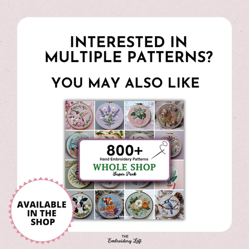 Pode incluir: Uma colagem de padr&otilde;es de bordado com v&aacute;rios desenhos, incluindo flores, animais e cenas da natureza. O texto "800+ Padr&otilde;es de bordado &agrave; m&atilde;o Loja completa Super Pack" &eacute; exibido na imagem.