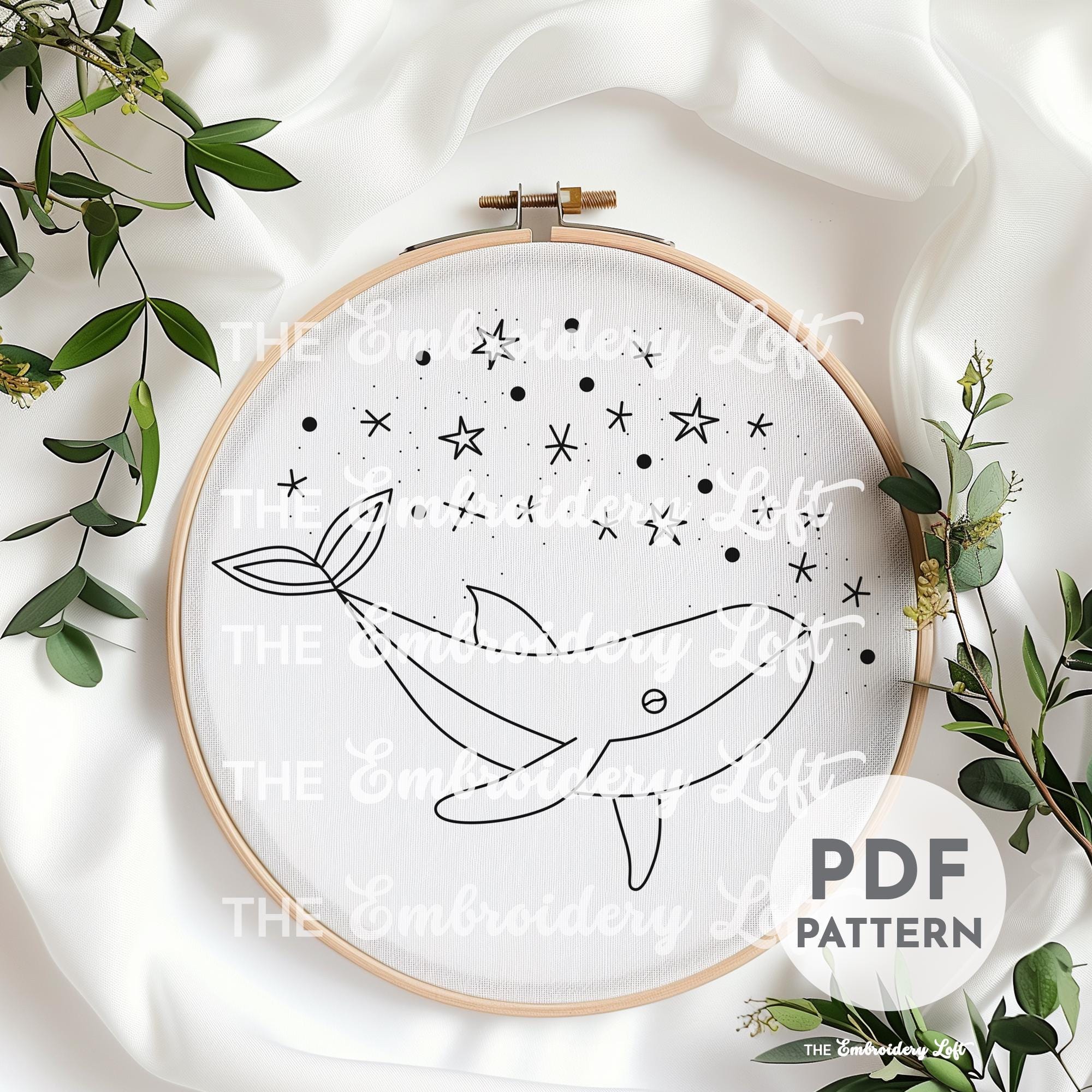 天空のクジラの手刺繍パターン、星とシロナガスクジラ、かわいいクジラ