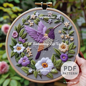 Purple Hummingbird Hand Embroidery Pattern, Hummingbird Pattern, Spring Bird Pattern, Hand Embroidery Pattern, Digital, Wildlife Embroidery