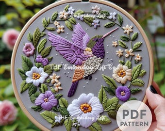 Purple Hummingbird Hand Embroidery Pattern, Hummingbird Pattern, Spring Bird Pattern, Hand Embroidery Pattern, Digital, Wildlife Embroidery