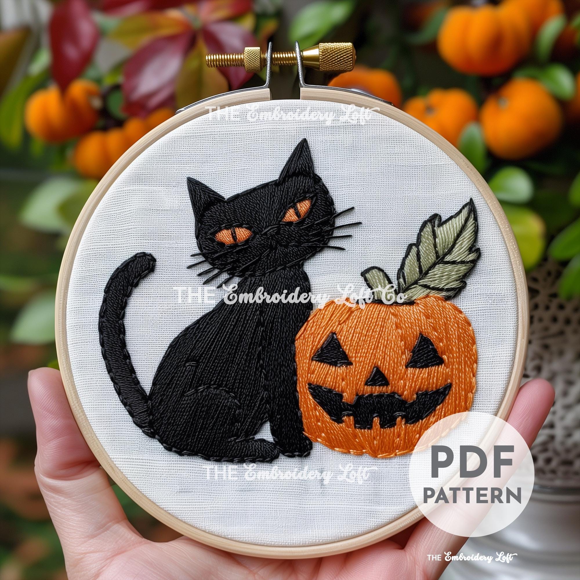 黒猫の手刺繍パターン、魔女の刺繍パターン、ハロウィーンのパターン