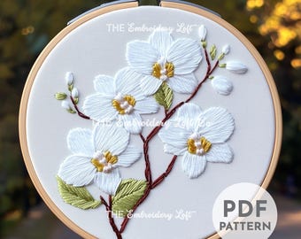 ホワイトオーキッドの手刺繍パターン、オーキッドの刺繍パターン、花の刺繍パターン、手刺繍パターンPDF、初心者向け刺繍