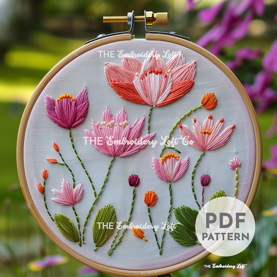 睡蓮の手刺繍パターン、睡蓮の葉のパターン、睡蓮の刺繍、ピンクの蓮の