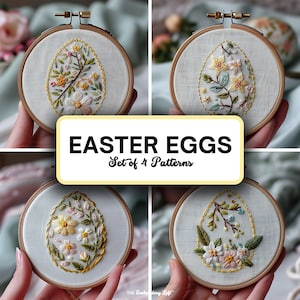 May include: Set of four embroidery patterns for Easter eggs. Each pattern features a different floral design with delicate white, yellow, and pink flowers on a white background. The patterns are displayed in embroidery hoops.