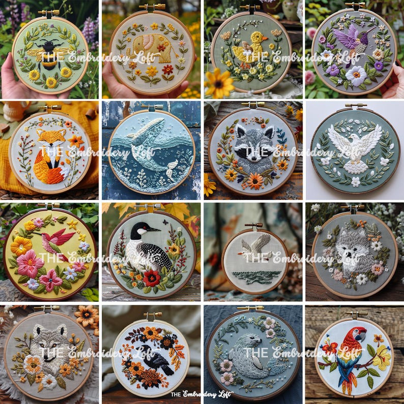 May include: A collection of 12 embroidery hoops featuring various animal and nature designs. The hoops are all circular and have a wooden frame. The designs include a fox, a whale, a raccoon, a dove, a hummingbird, a loon, a seal, a wolf, a raven, a parrot, a hummingbird, and a duck.