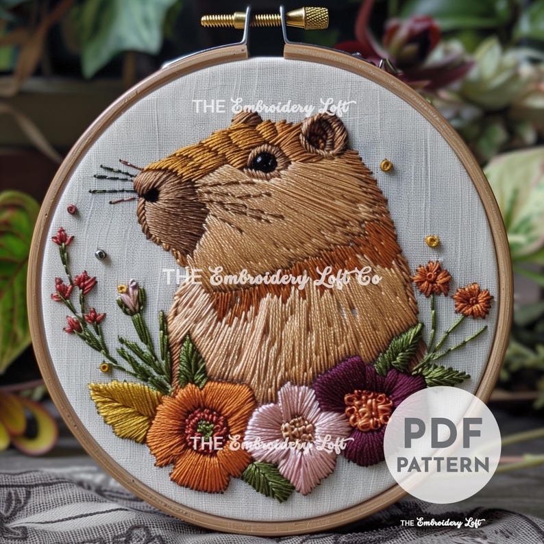 Puede incluir: Un bordado en bastidor que representa una marmota detallada con pelaje marr&oacute;n y beige, rodeada de flores coloridas en tonos naranja, rosa y morado. Se puede ver el texto "THE Embroidery Loft" y "PDF PATTERN".