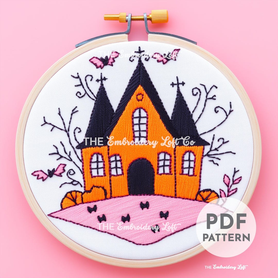 Orange Retro Haunted House Hand Embroidery Pattern, Orange Haunted ...