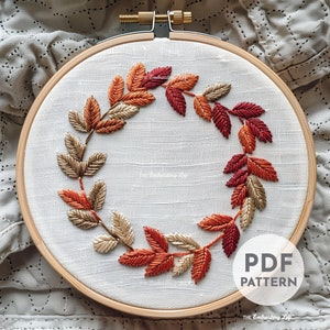 Patrón de bordado a mano de corona de otoño, flores de otoño, patrón de bordado de otoño, follaje de otoño, bordado a mano, principiante, bricolaje