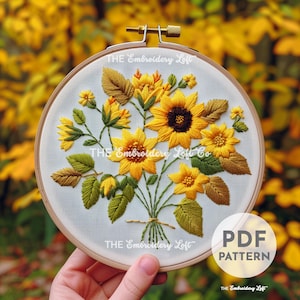 Bouquet of Sunflowers Hand Embroidery Pattern, Yellow Sunflowers, Sunflowers Pattern, Summer Flowers Design, Hand Embroidery Pattern PDF