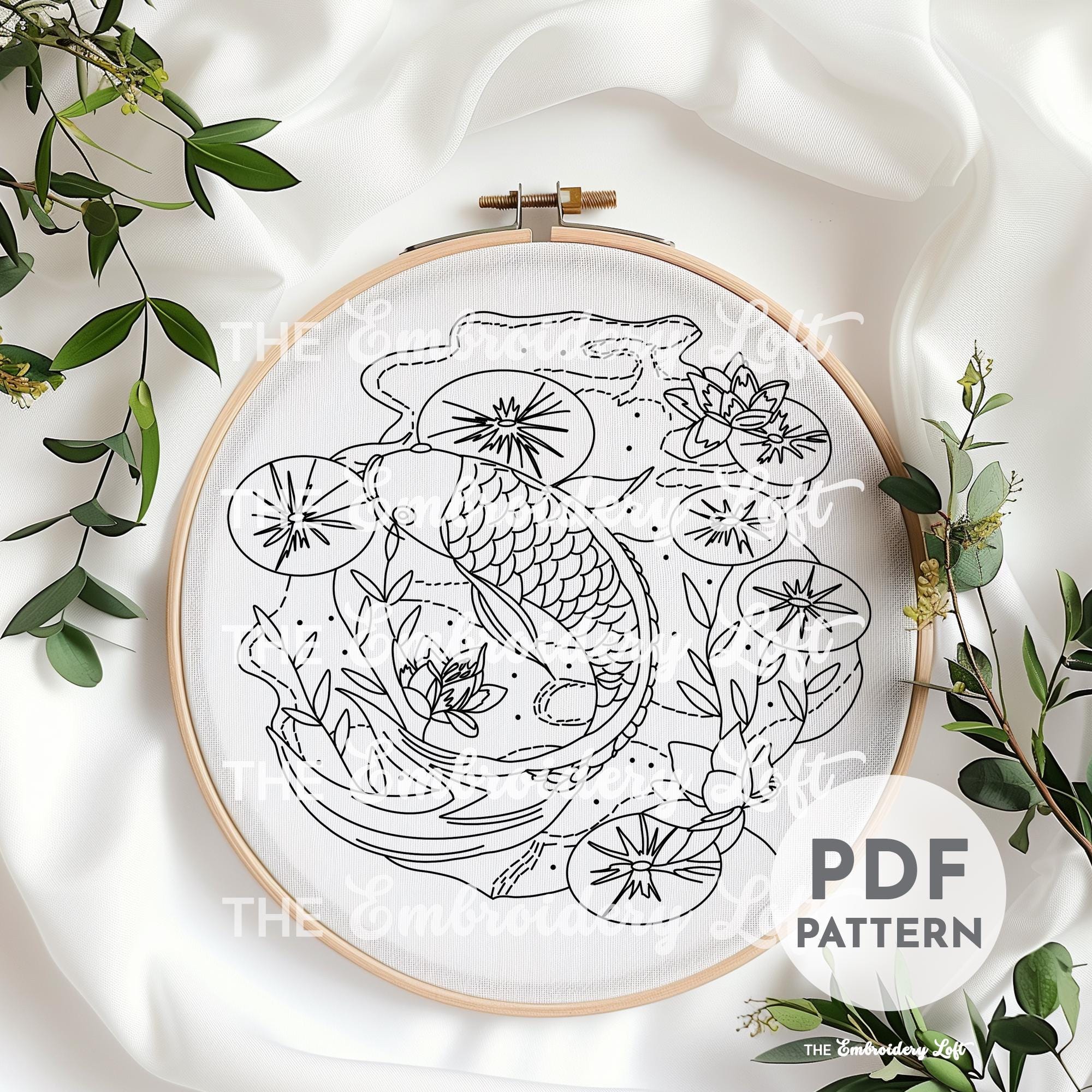 鯉の手刺繍パターン、魚の模様、日本の刺繍、日本の鯉、手刺繍
