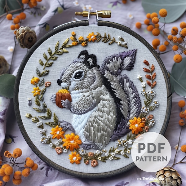 Woodland Squirrel Hand Embroidery Pattern, Squirrel Pattern, Grey Squirrel, Hand Embroidery, Hand Embroidery PDF, Woodland Embroidery